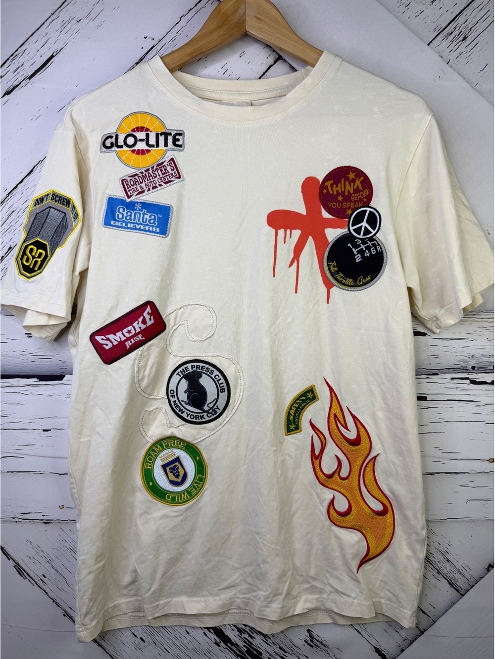 Insane Y2K Smoke Rise Embroidered Multi Patch Graphic Tee Men Small